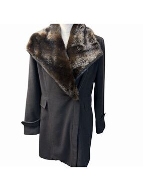 White House Black Market Women's Black Removable Faux Fur Collar Overcoat Size S